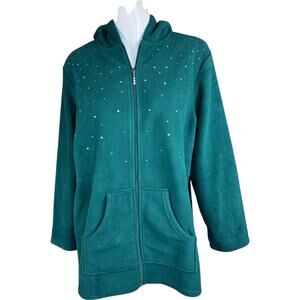 Quacker Factory Embellished Fleece Zip Front Jacket Evergreen Medium NWT